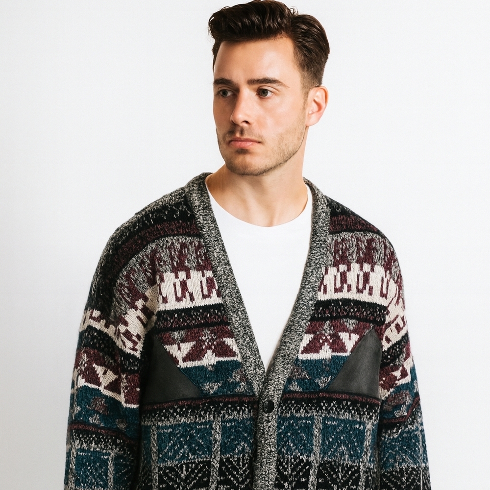 Impact Sweater Mens Cardigan Sz M Genuine Leather Patches 90's Y2K Geometric